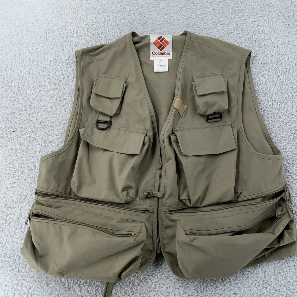 Vintage Columbia Vest Mens Large Fishing Utility Multi Cargo Pocket 1142 Tan